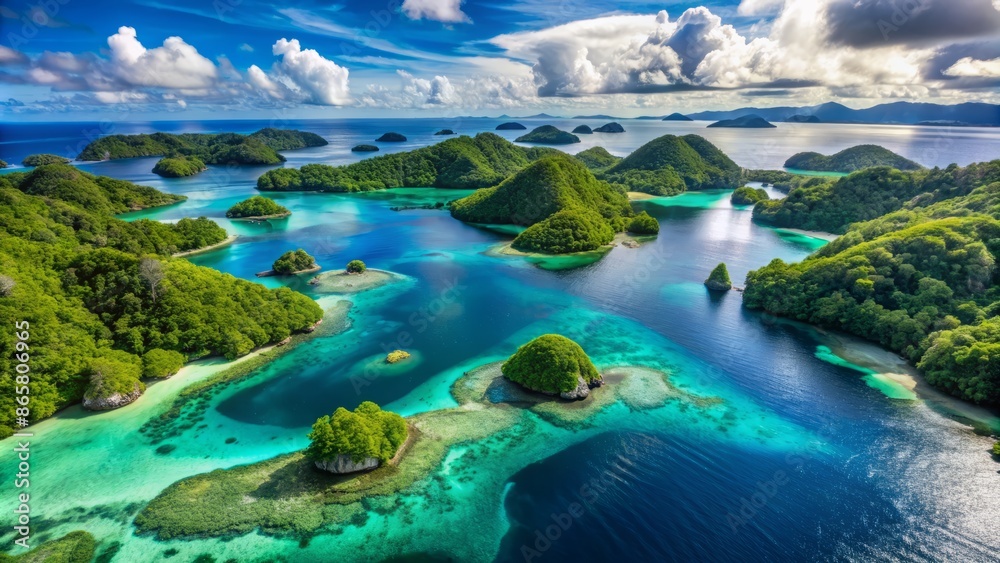 Fototapeta premium Breathtaking panoramic aerial view of serene turquoise ocean lagoon surrounded by lush green tropical islands and coral reefs
