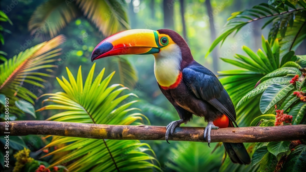 Fototapeta premium Vibrant toucan perches on tree branch amidst lush tropical vegetation, flaunting its radiant beak and feathers in natural habitat splendor.