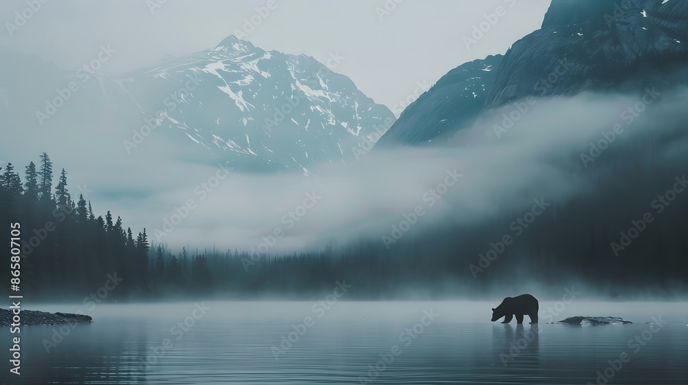 wilderness landscape with bear silhouette and misty mountains. wilderness landscape with bear silhouette and misty mountains.