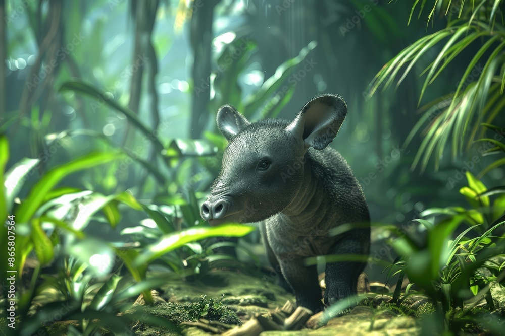 Fototapeta premium A young tropical animal in its lush rainforest habitat, surrounded by vibrant green foliage and illuminated by natural sunlight.