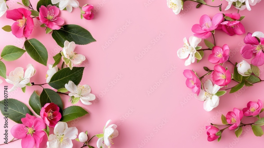 Pink and white spring flowers on paper backdrop top view with copy space Pink and white spring flowers on paper backdrop top view with copy space