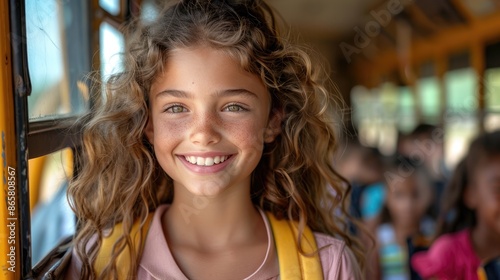 A happy girl with curly hair wearing yellow backpack and standing in the door of an American school bus smiling at the camera .