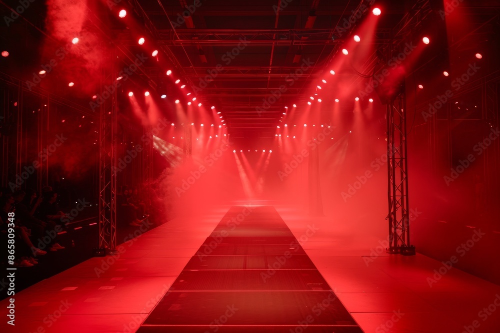 Red runway with red lighting smoke spotlight black walkway video camera empty seats copy space Red runway with red lighting smoke spotlight black walkway video camera empty seats copy space