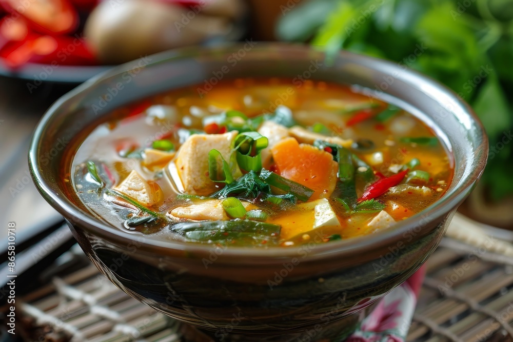 Thai chicken noodle soup with bitter gourd and blood tofu Thai chicken noodle soup with bitter gourd and blood tofu