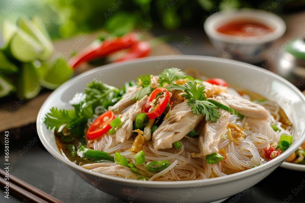 Thai chicken noodle with bitter gourd a popular Asian dish Thai chicken noodle with bitter gourd a popular Asian dish