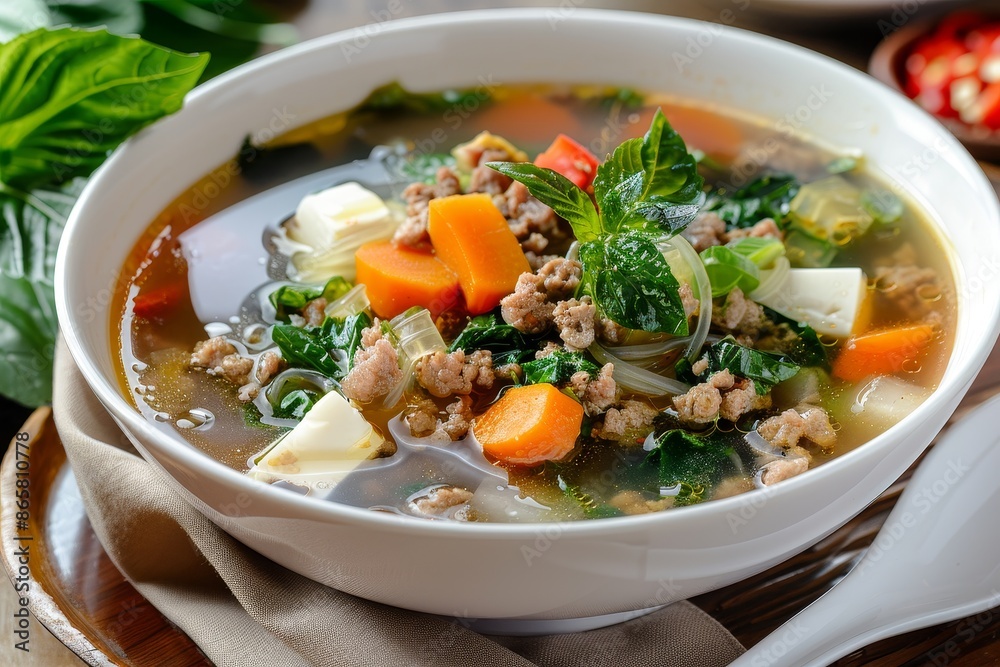 Thai clear seaweed soup with glass noodle pork veggies and egg tofu in a white bowl Thai clear seaweed soup with glass noodle pork veggies and egg tofu in a white bowl