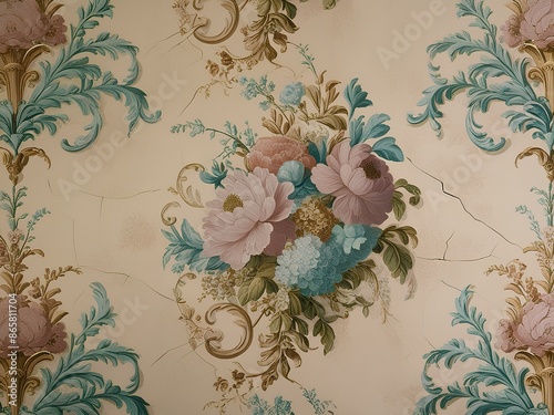 Timeless Elegance 18th Century Vintage Floral Wallpaper Pattern Infused with Linoleum Texture, Evoking Nostalgia and Sophistication in Decorative Wall Paint	