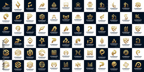Mega logo collection, Abstract design concept for branding with golden gradient.
