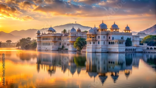 Majestic white marble architecture of Udaipur Palace reflecting in serene Lake Pichola at sunset with surrounding misty hills.