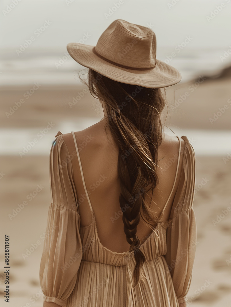 a woman standing on top of a sandy beach, beige fedora, open back dress, brown colored long hair, portrait shot photo, feeling of mystery, voluminous sleeves, thin lustrous hair. a woman standing on top of a sandy beach, beige fedora, open back dress, brown colored long hair, portrait shot photo, feeling of mystery, voluminous sleeves, thin lustrous hair.