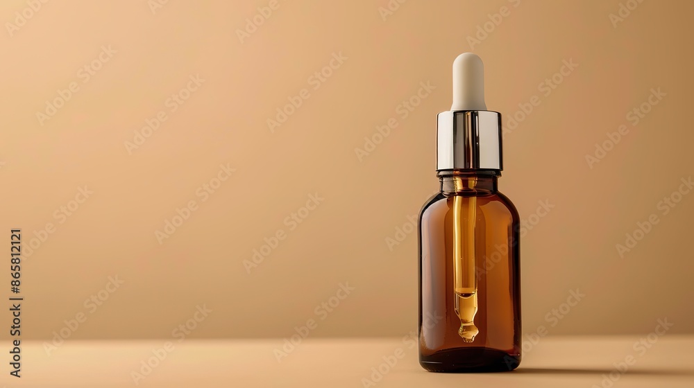 a brown amber serum bottle with a silver dropper