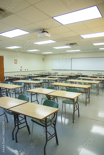 A classroom with many desks and chairs