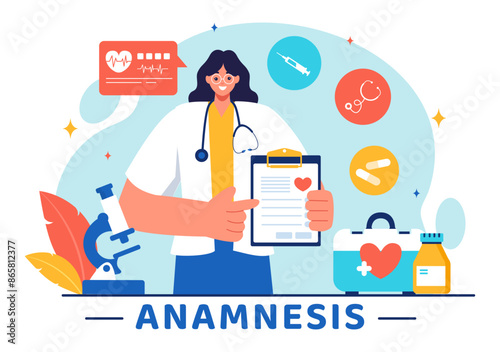 Vector Illustration of an Anamnesis System Providing Information About Diseases and Healthcare Databases in a Flat Style Cartoon Background