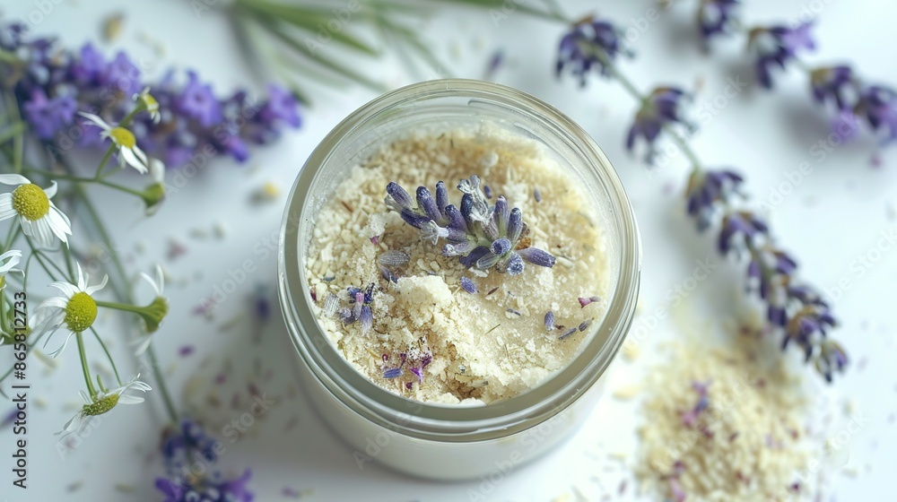 a container of homemade lavender and chamomile scrub a container of homemade lavender and chamomile scrub