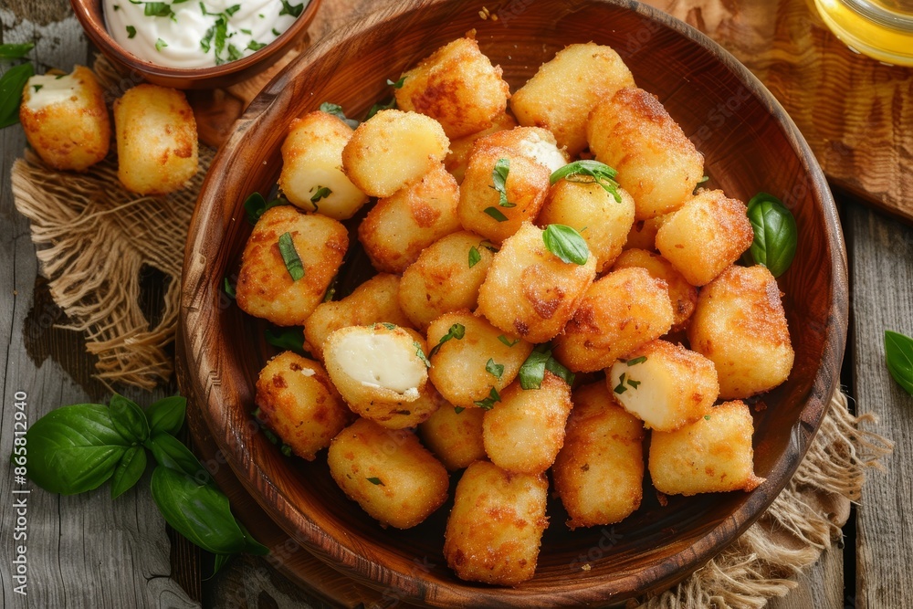 Top down view of Cassava with cheese on wood plate Top down view of Cassava with cheese on wood plate