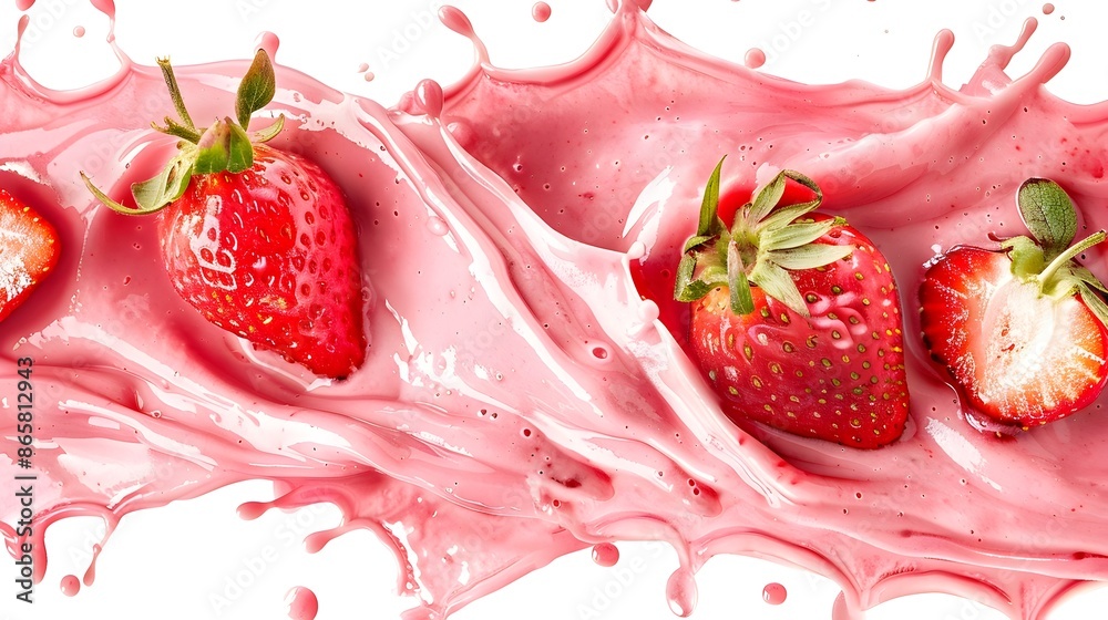 Mesmerizing Pink Smoothie Splash with Floating Strawberry Slices on White Background Mesmerizing Pink Smoothie Splash with Floating Strawberry Slices on White Background