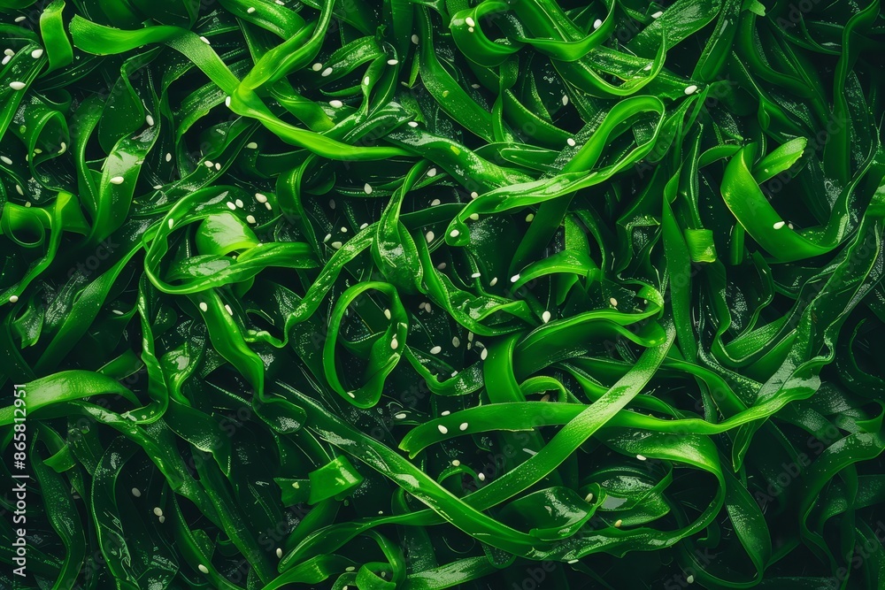 Top down view of green seaweed salad close up background Top down view of green seaweed salad close up background