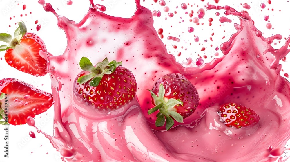 Captivating Pink Smoothie Splash Swirl with Floating Strawberry Slices