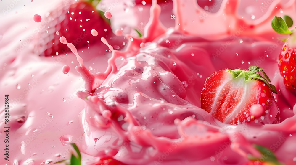 Graceful Pink Smoothie Swirl with Floating Strawberry Slices on White Background Graceful Pink Smoothie Swirl with Floating Strawberry Slices on White Background
