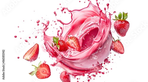 Pink Smoothie Splash with Suspended Strawberry Slices on White Background