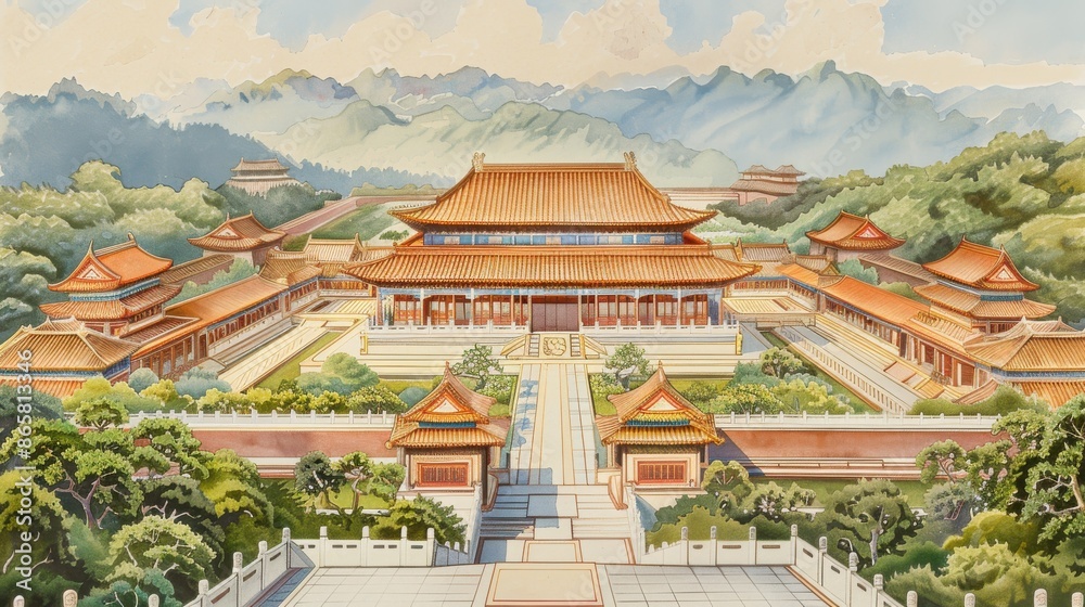 Watercolor scene, Majestic Chinese palace with intricate rooftops and serene courtyards, surrounded by lush gardens Watercolor scene, Majestic Chinese palace with intricate rooftops and serene courtyards, surrounded by lush gardens