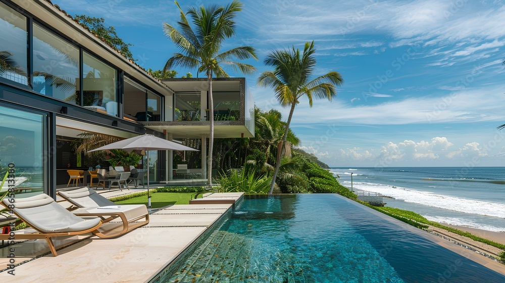 Fototapeta premium luxurious beachfront villa with expansive glass