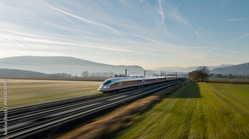 Fototapeta premium A high-speed train zooming through a countryside landscape, with mountains and fields in the distance. 
