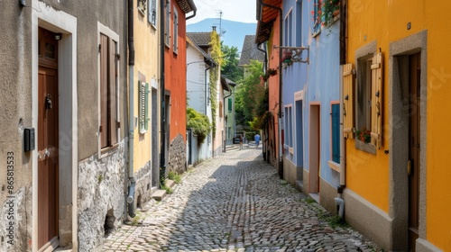 A picturesque street in a quaint European village, with cobblestone paths, colorful buildings, and tourists exploring the area. 