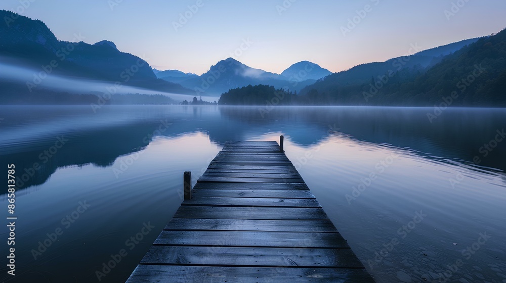 Fototapeta premium serene lakeside scene at dawn with mountains