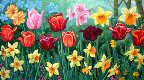 Colorful Spring Flowers Illustration with Tulips, Daffodils, and Blue Flowers