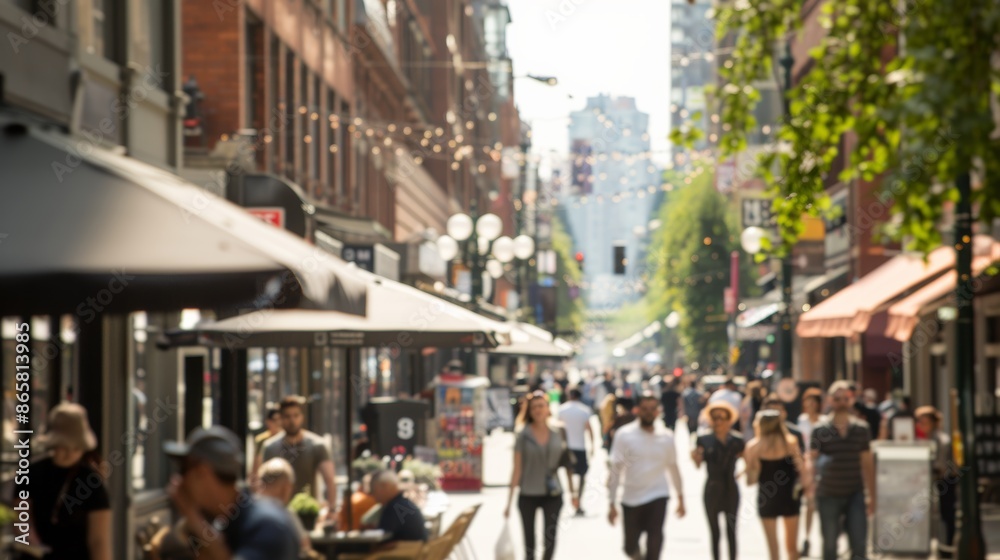 A bustling city street scene with people walking, shopping, and dining at outdoor cafes, capturing the vibrancy of urban life. A bustling city street scene with people walking, shopping, and dining at outdoor cafes, capturing the vibrancy of urban life.
