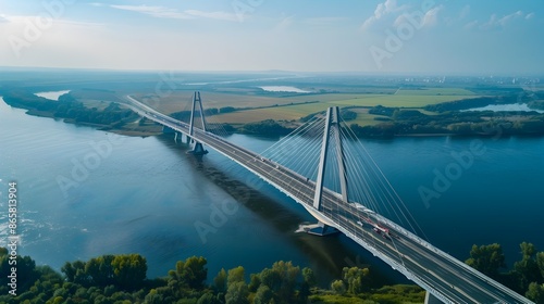 Aerial View of a Magnificent Modern Bridge Spanning a Majestic River