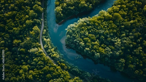 Aerial view of a winding river flowing through a dense,lush forest landscape