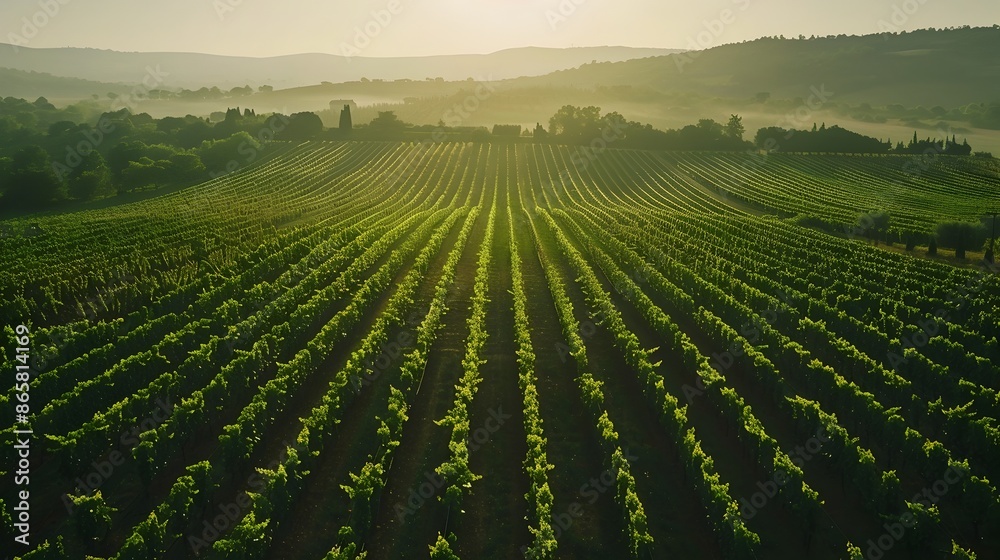 Scenic Agricultural Landscape with Rows of Green Crops and Rolling Hills in the Distance