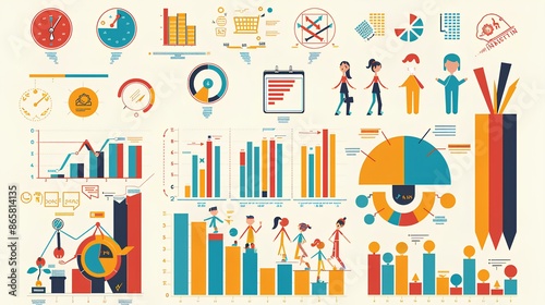 Graphic elements set for design including icons, infographics,  charts, and more, suitable for business and web graphics