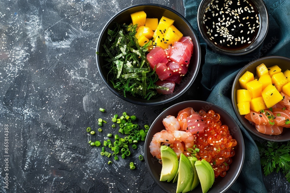 Top view of Hawaiian poke bowls with salmon tuna shrimp avocado mango seaweed sesame seeds and pickled ginger with copy space Top view of Hawaiian poke bowls with salmon tuna shrimp avocado mango seaweed sesame seeds and pickled ginger with copy space
