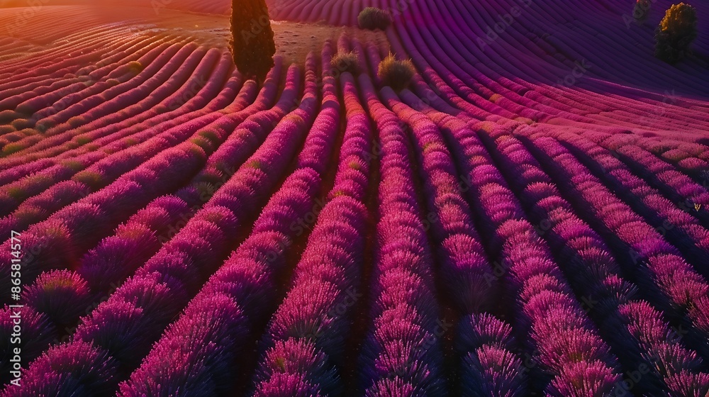 Obraz premium Vibrant Lavender Field Bathed in the Glow of Sunrise Aerial Landscape Photography