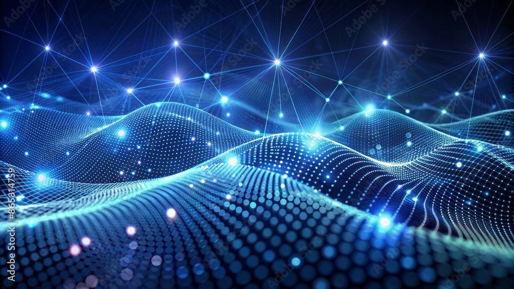 Intricate wave of dots and woven lines undulate across dark blue abstract background, evoking futuristic cyberspace, data, and network security themes. Intricate wave of dots and woven lines undulate across dark blue abstract background, evoking futuristic cyberspace, data, and network security themes.