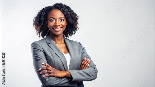 Confident and powerful African American female executive stands with crossed arms on a clean white isolated background. photo