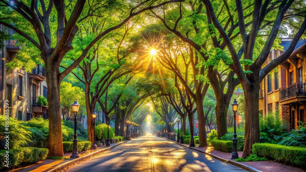 Fototapeta premium Vibrant artwork displays line a sunlit street shaded by lush green trees, creating a colorful atmosphere devoid of human presence.