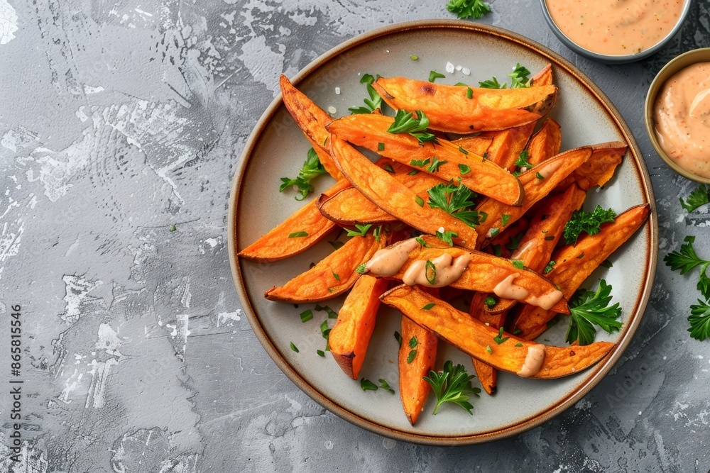 Top view of sweet potato fries with sauce on plate concrete background Top view of sweet potato fries with sauce on plate concrete background