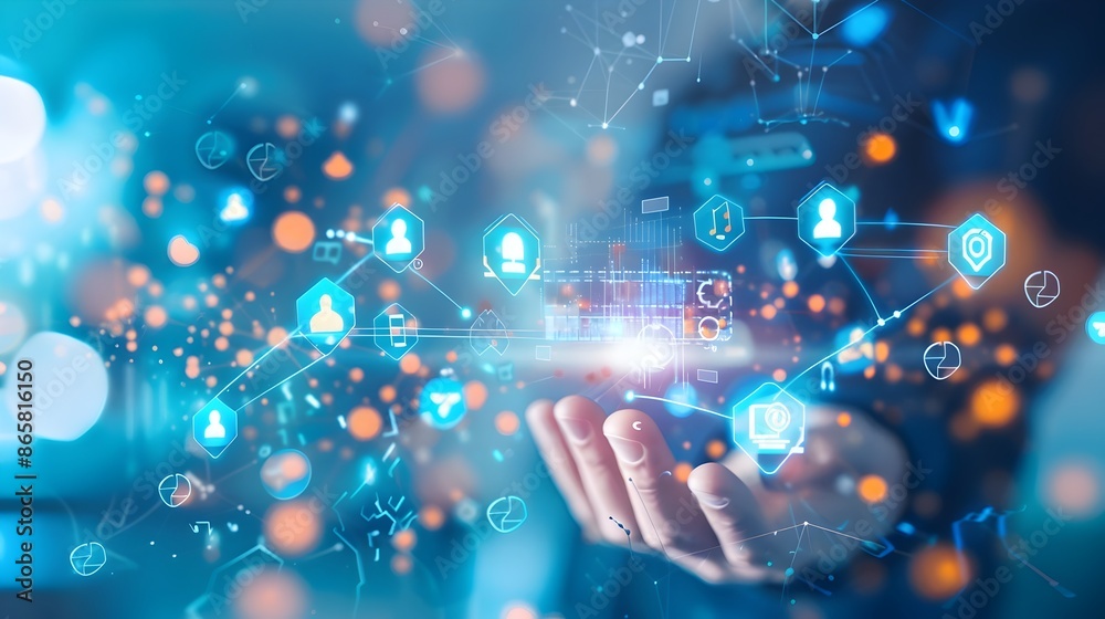 Digital marketing technology and hologram with data visualization elements in blue tech background Digital marketing technology and hologram with data visualization elements in blue tech background
