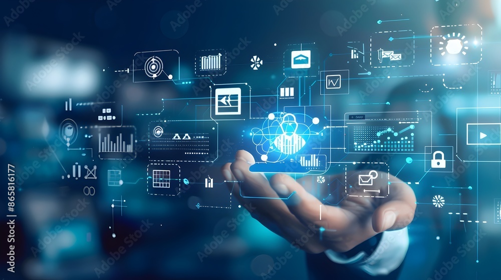 Cutting-Edge Digital Marketing Backdrop with Hologram and Tech Symbols Cutting-Edge Digital Marketing Backdrop with Hologram and Tech Symbols