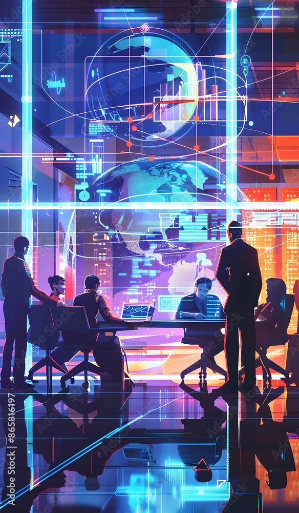 Dynamic Corporate Meeting Around a Futuristic Holographic Analytics Display Dynamic Corporate Meeting Around a Futuristic Holographic Analytics Display
