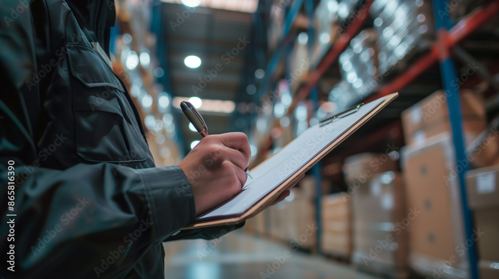 worker hand writing job list on clipboard, carton package warehouse background, Ai generated Images