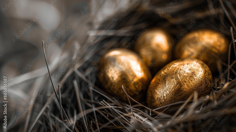Image of golden eggs in grass nest on white background in bronze and greyscale Concept for retirement funds Image of golden eggs in grass nest on white background in bronze and greyscale Concept for retirement funds