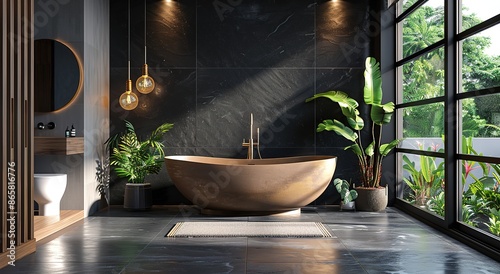 Modern dark bathroom with a black stone wall, wooden elements, floating sink, large mirror, and decorative lighting. Cozy minimalist interior with a bathtub, dark windows, and panoramic window for nat