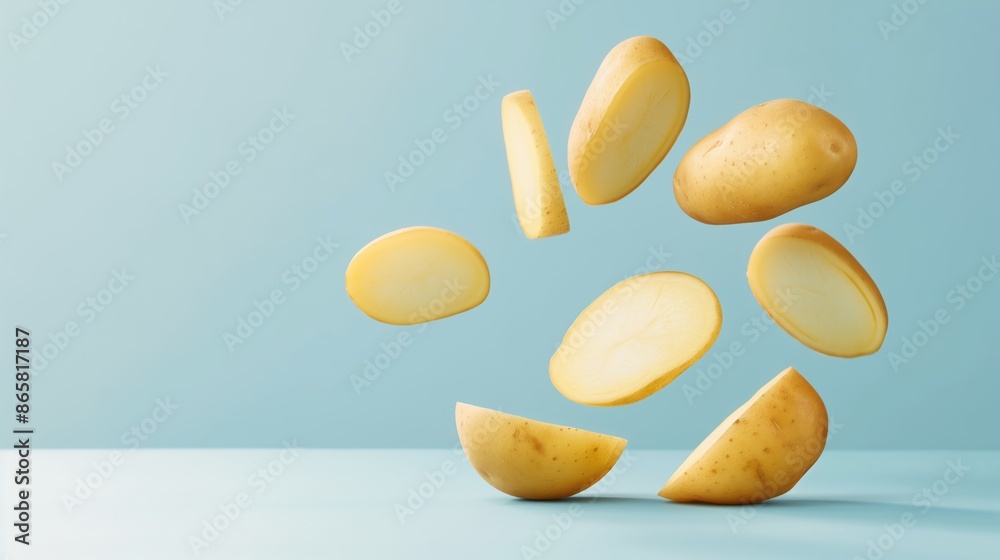Slices of yellow potatoes floating in mid-air against a blue background. Slices of yellow potatoes floating in mid-air against a blue background.