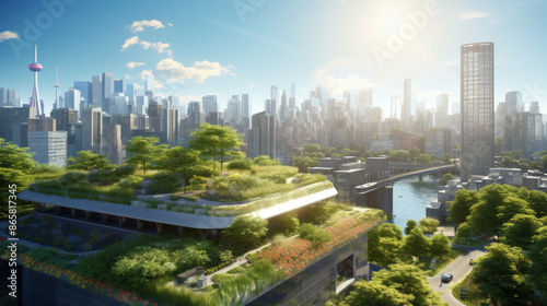 A cityscape where buildings are covered with vertical gardens and green rooftops © jessica