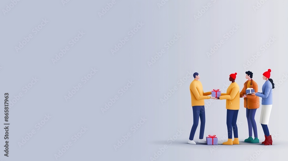 Joyful Friends Exchanging Gifts in Minimalist Flat Illustration Joyful Friends Exchanging Gifts in Minimalist Flat Illustration